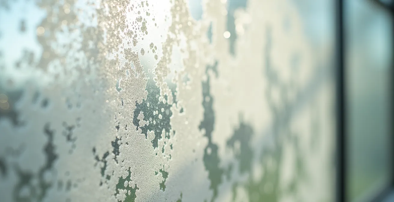 Détail macro du vitrage d'une serre montrant la texture du blanc de Meudon appliqué