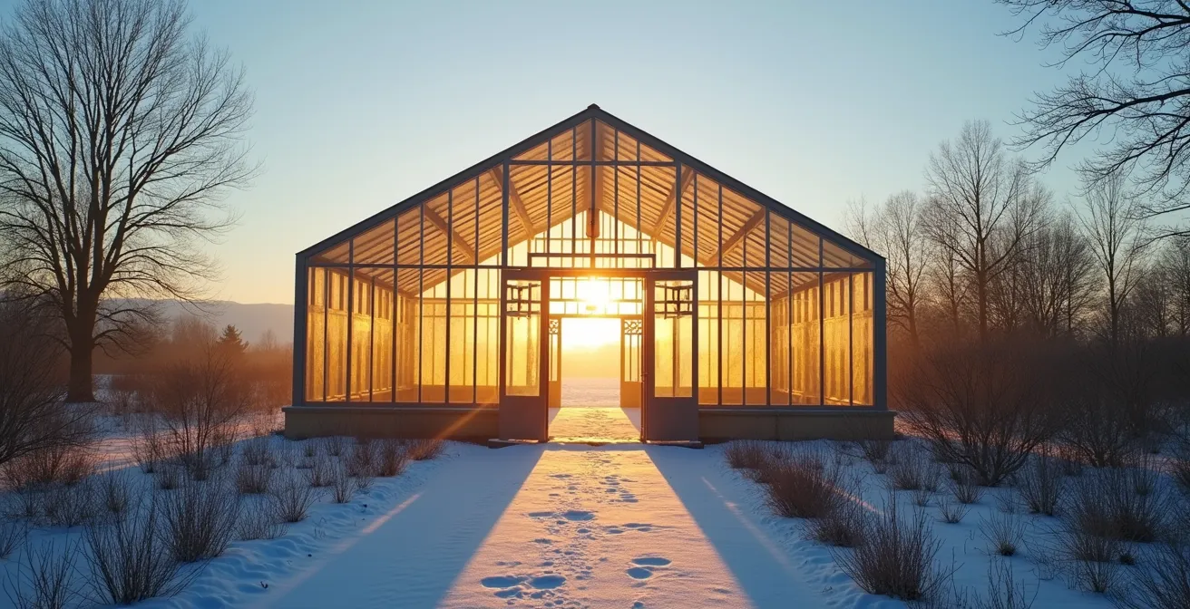 Serre orientée est-ouest captant la lumière rasante du soleil d'hiver en fin d'après-midi