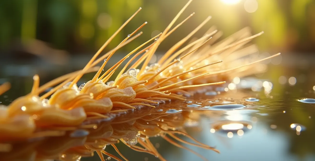 Paille d'orge dans un filet flottant en surface d'un bassin avec processus de fermentation visible
