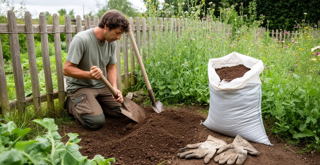 Paysagiste préparant le sol au pied d'une clôture bois avec outils de jardinage