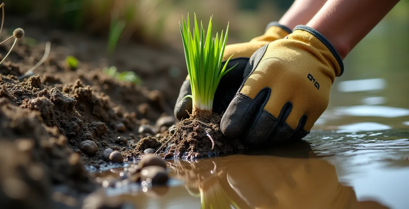 Plantation d'iris de berge au printemps dans un bassin de jardin