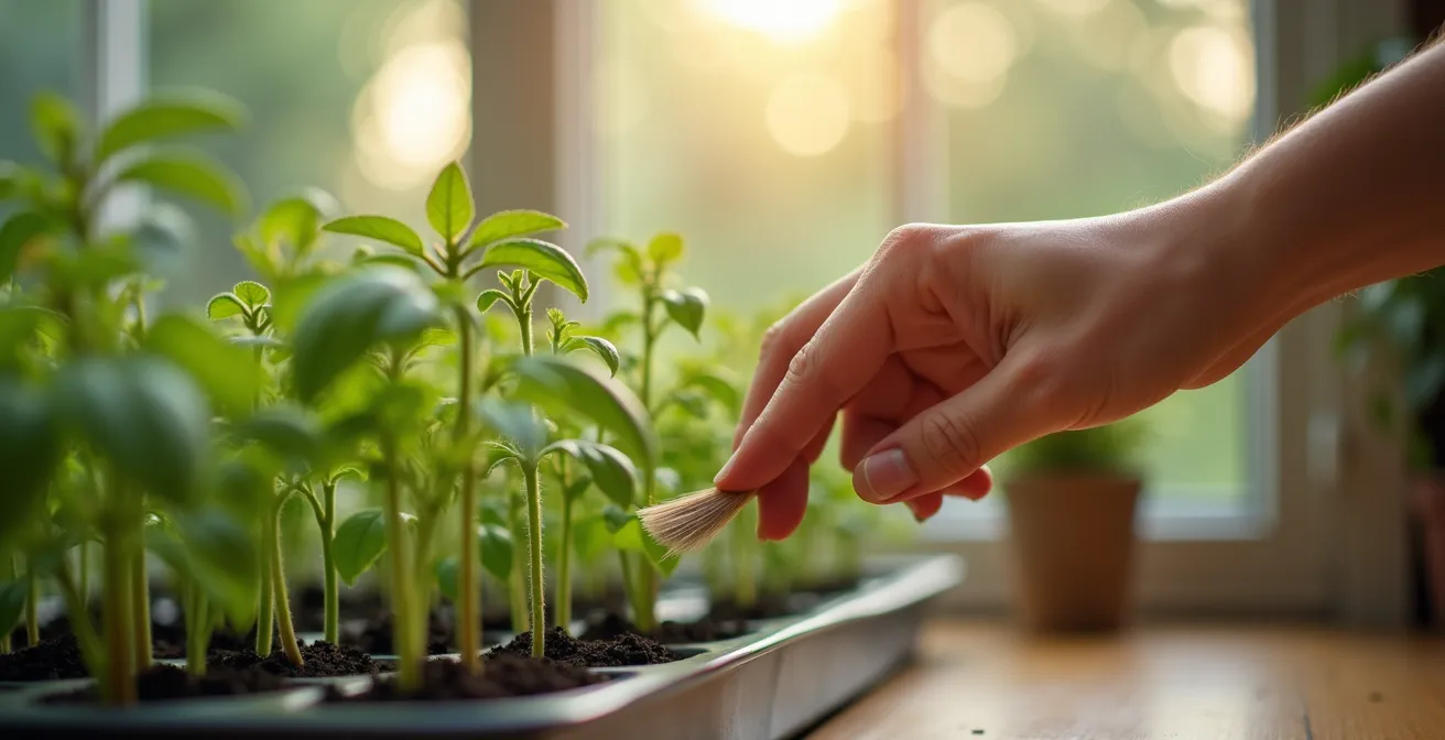 Main brossant délicatement des jeunes plants de tomates avec un petit ventilateur oscillant en arrière-plan pour simuler le vent