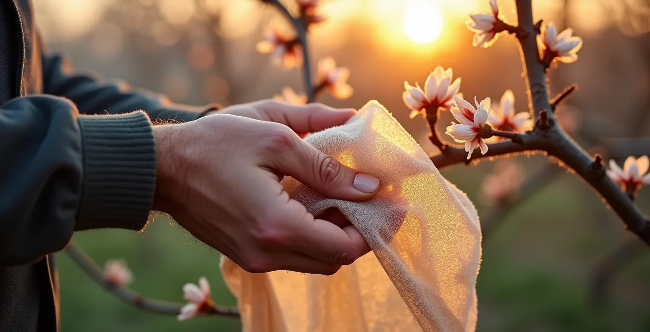 Abricotier en fleurs protégé par un voile d'hivernage au lever du soleil givré