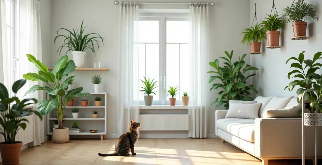 Aménagement intérieur avec plantes en hauteur et barrières de protection