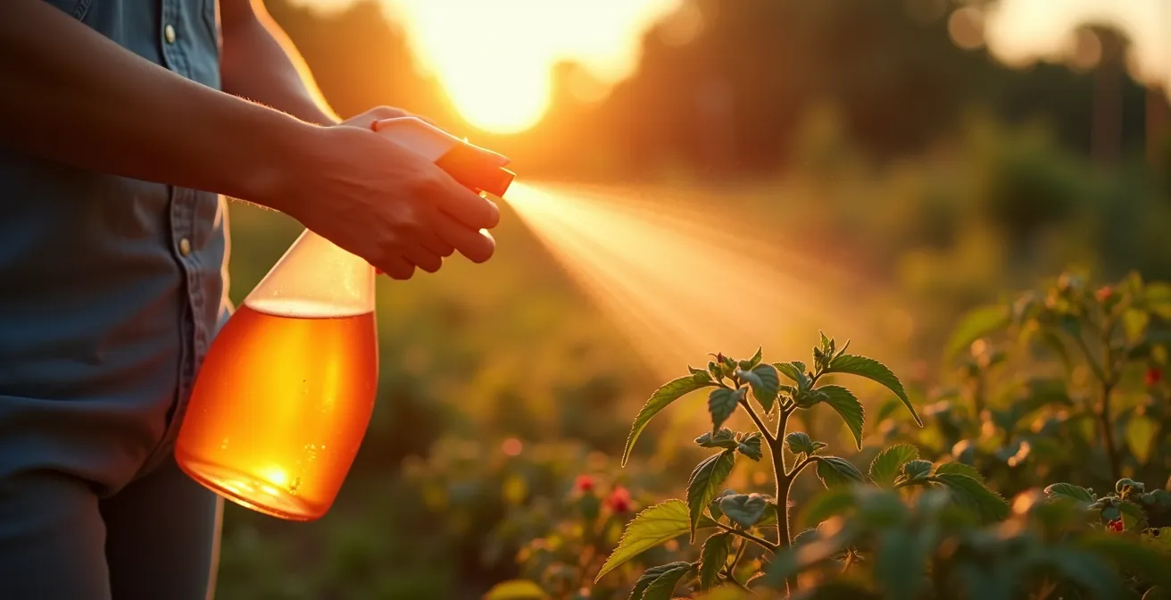 Application du savon noir sur plants de tomates en soirée avec lumière dorée