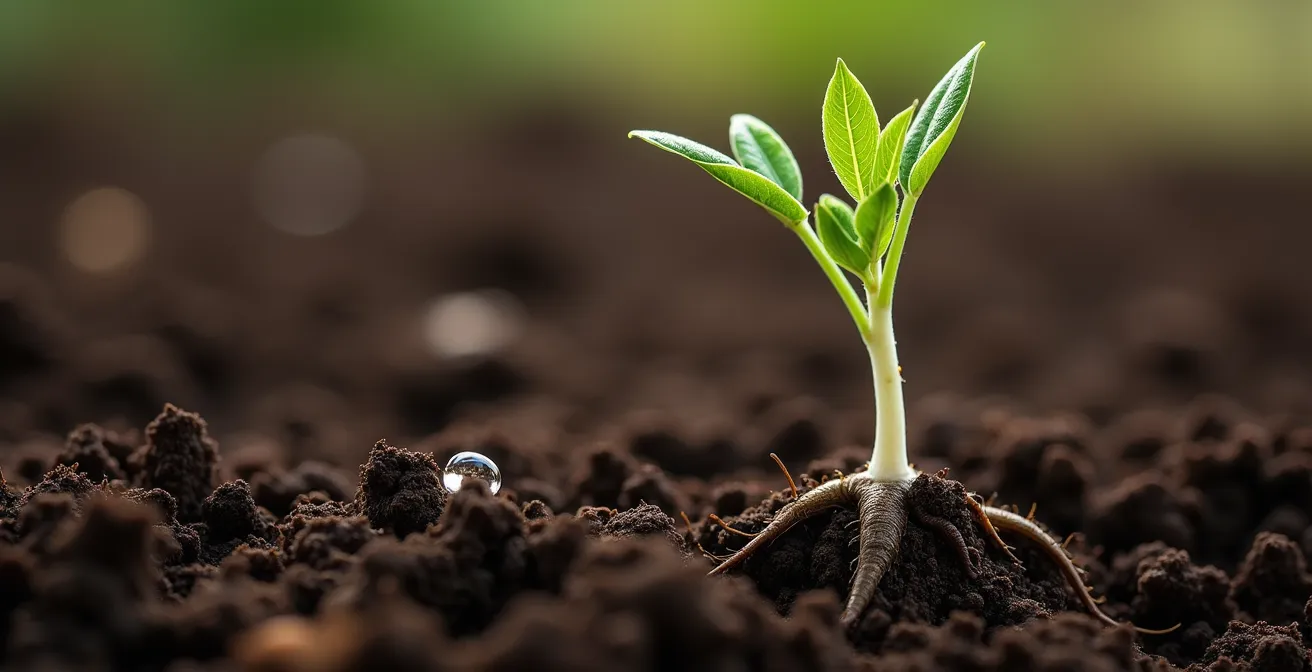 Gros plan macro sur la racine pivotante d'un jeune plant de coriandre dans la terre