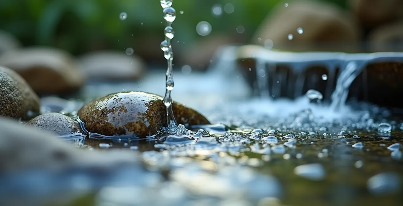 Gros plan sur différents jets d'eau montrant les variations sonores selon le débit et le matériau de réception