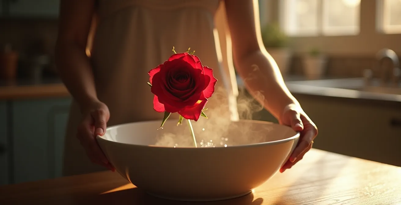 Rose rouge en cours de revitalisation dans un bain d'eau tiède avec vapeur délicate