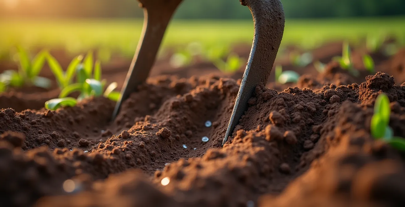 Gros plan sur les lames d'un scarificateur travaillant un sol argileux humide en automne