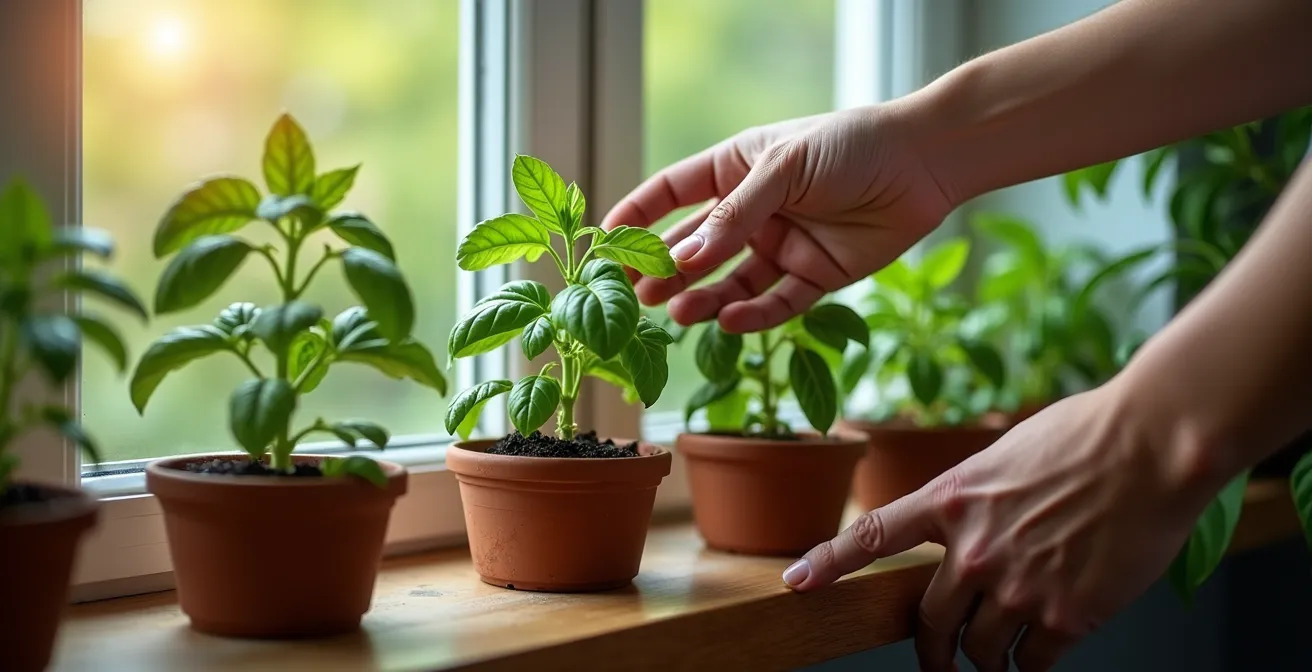 Jeunes pousses de basilic étiolées près d'une fenêtre avec un réflecteur en aluminium