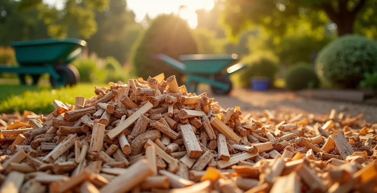 Tas de bois raméal fragmenté prêt pour le paillage du jardin