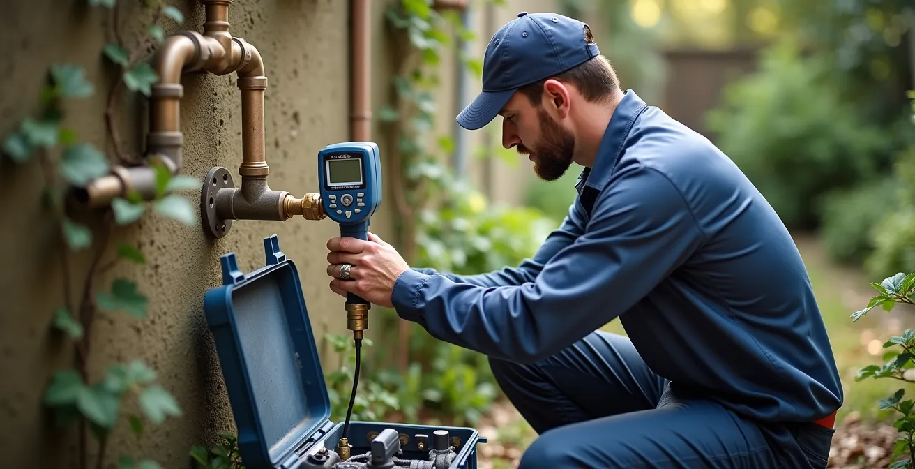 Technicien effectuant le contrôle annuel d'un disconnecteur avec sa mallette de test