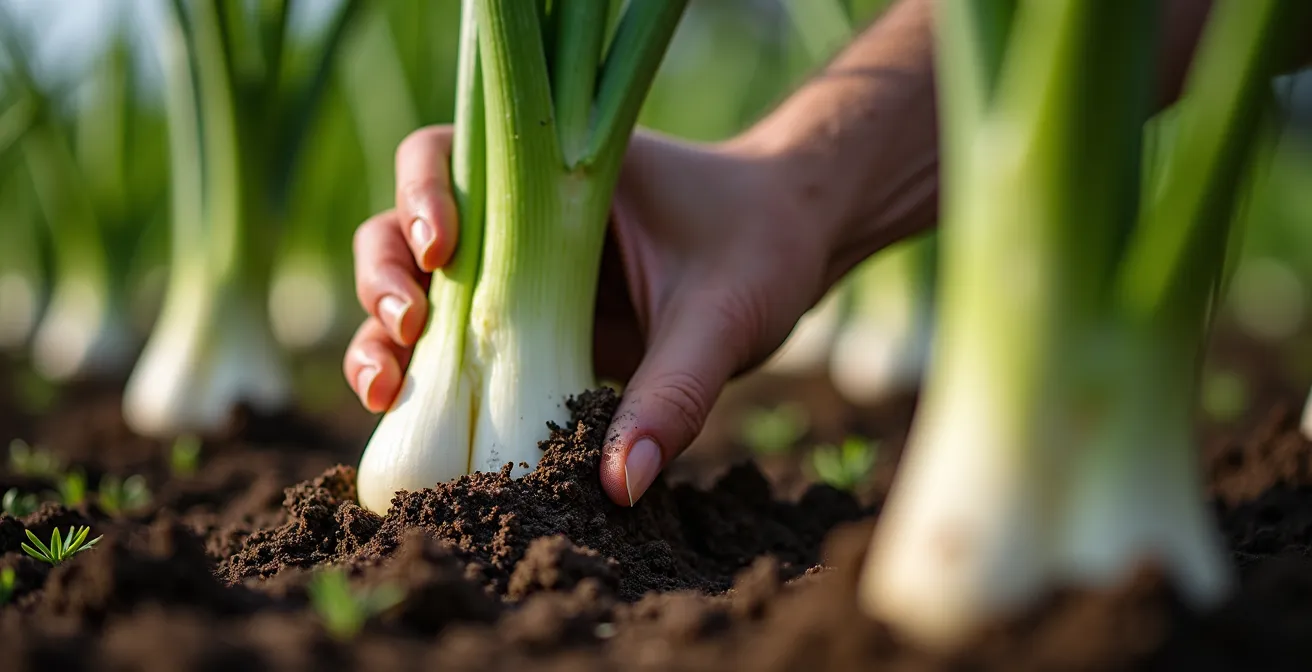 Gros plan sur la technique de buttage des poireaux pour blanchir le fût