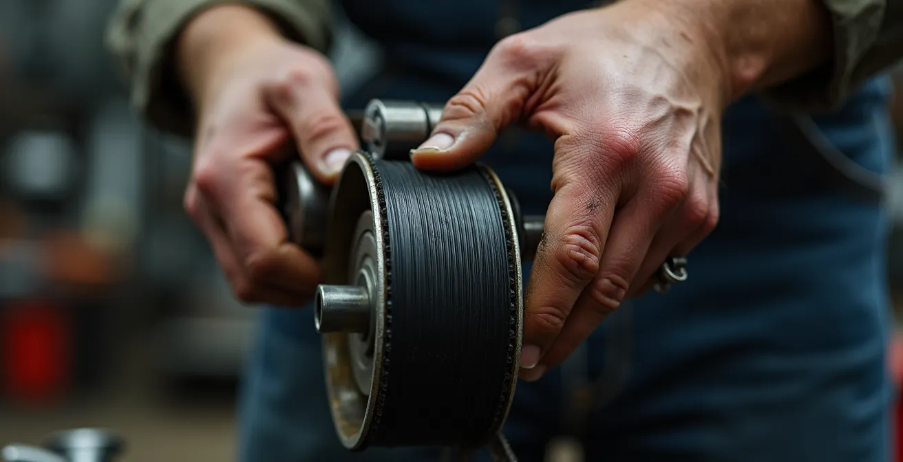 Mains expertes guidant une courroie de traction sur les poulies d'une tondeuse