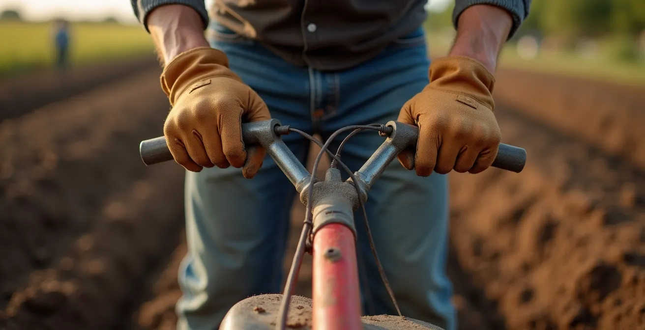 Vue détaillée montrant la technique correcte pour effectuer un virage avec un motoculteur