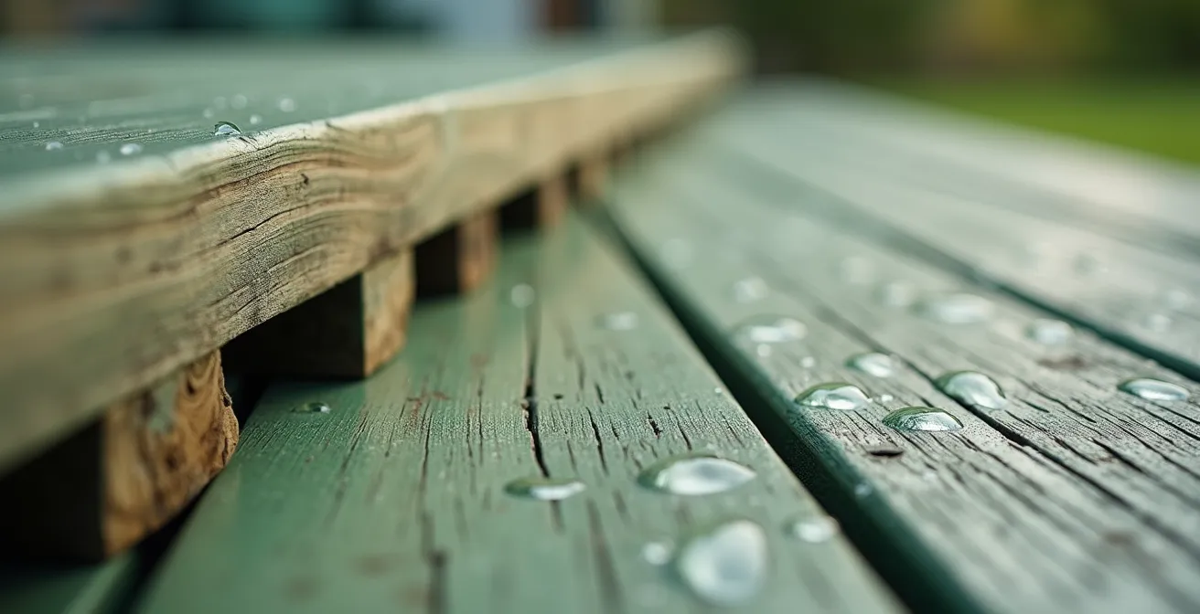 Gros plan sur une terrasse en bois autoclave montrant les lames et la structure de support