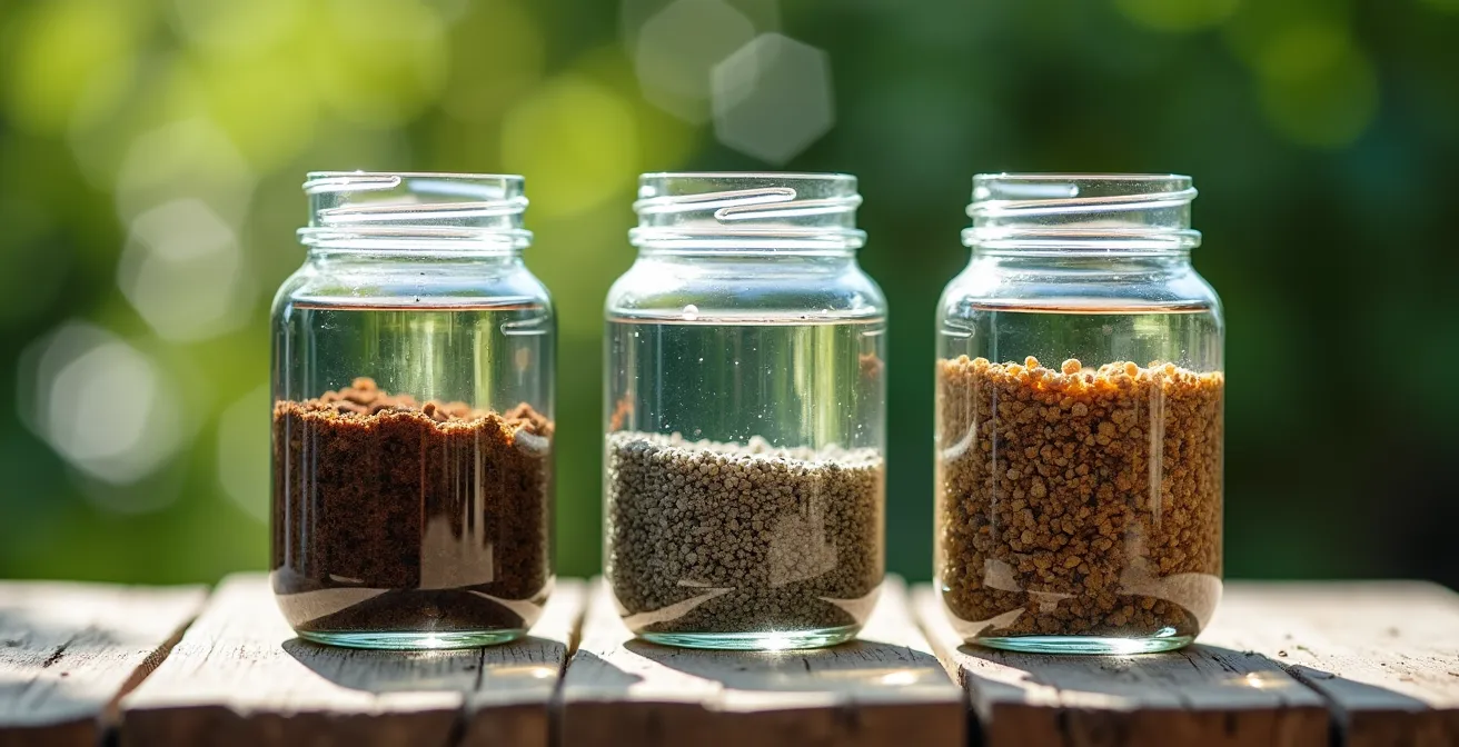 Test en bocal montrant différents substrats pour bassin immergés dans l'eau claire