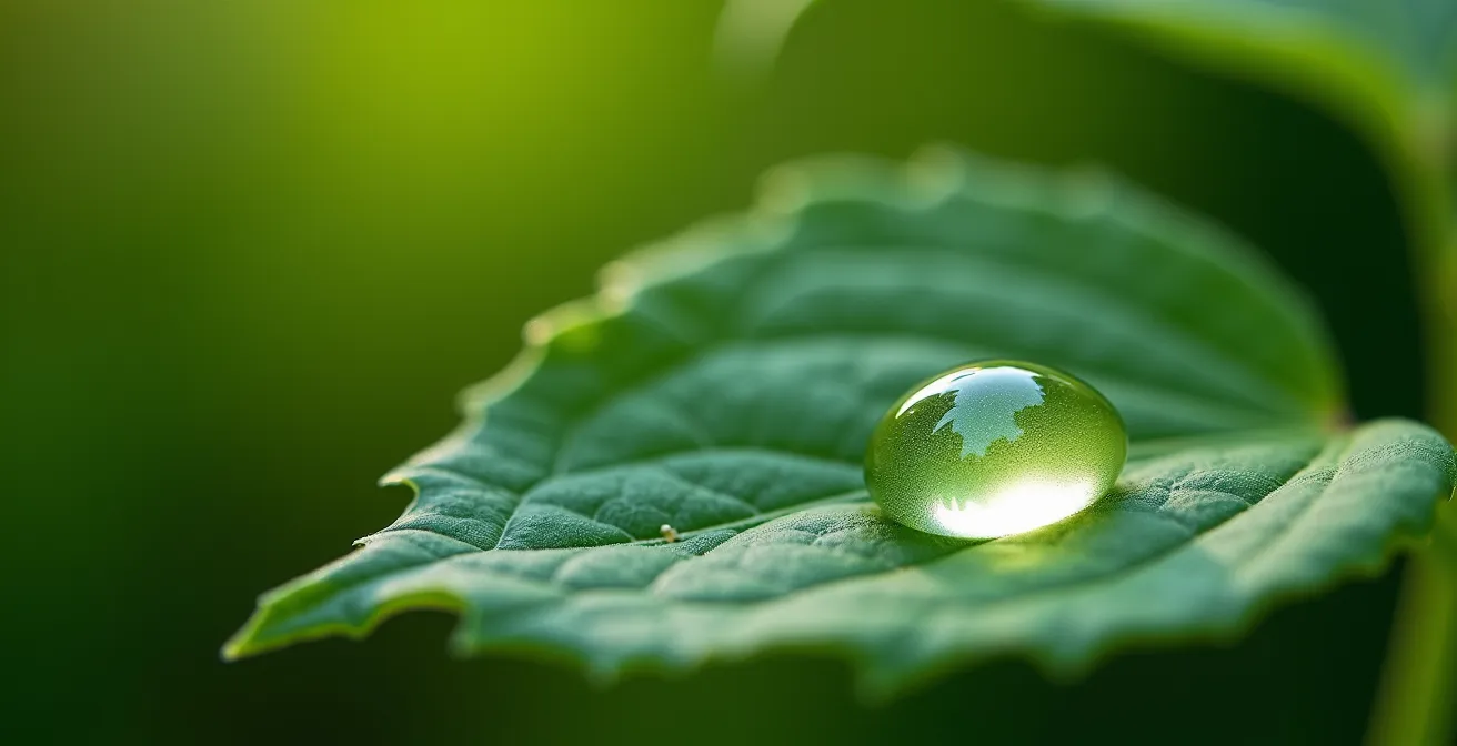 Gros plan sur une feuille de fève avec une goutte de solution savonneuse pour test de phytotoxicité