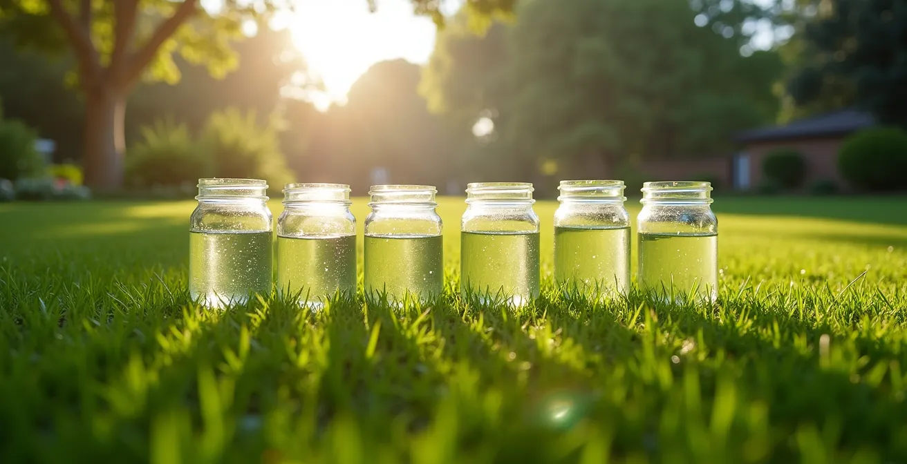 Récipients disposés sur une pelouse pour mesurer la quantité d'eau d'arrosage