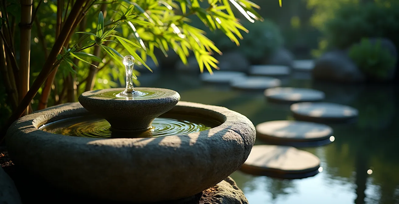 Fontaine tsukubai en pierre partiellement cachée par des fougères créant un effet de découverte progressive