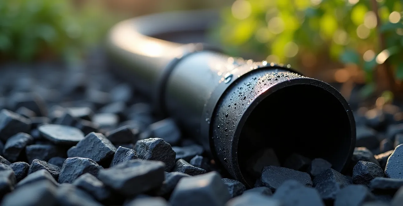 Tuyau d'irrigation posé sur paillage minéral d'ardoise avec protection contre les rongeurs