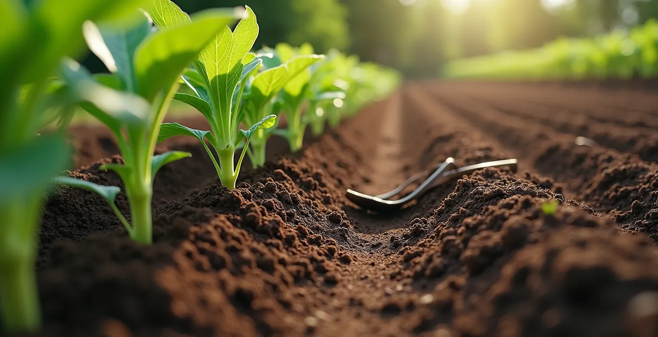 Vue aérienne montrant la zone de sécurité de 20-30cm autour des plants lors du passage de la motobineuse