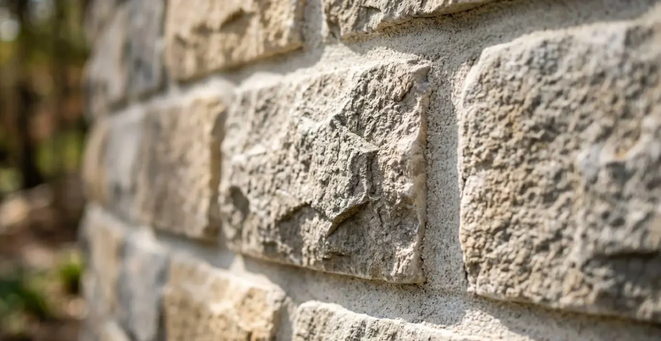 Gros plan sur la texture d'un muret de soutènement en pierre naturelle avec joints apparents et détails de construction paysagère