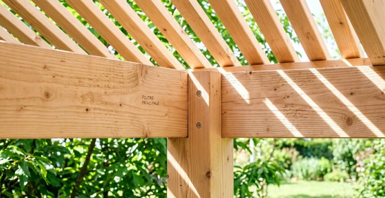 Gros plan sur la jonction de poutres en bois clair avec une toiture à lames ajourées laissant filtrer la lumière naturelle