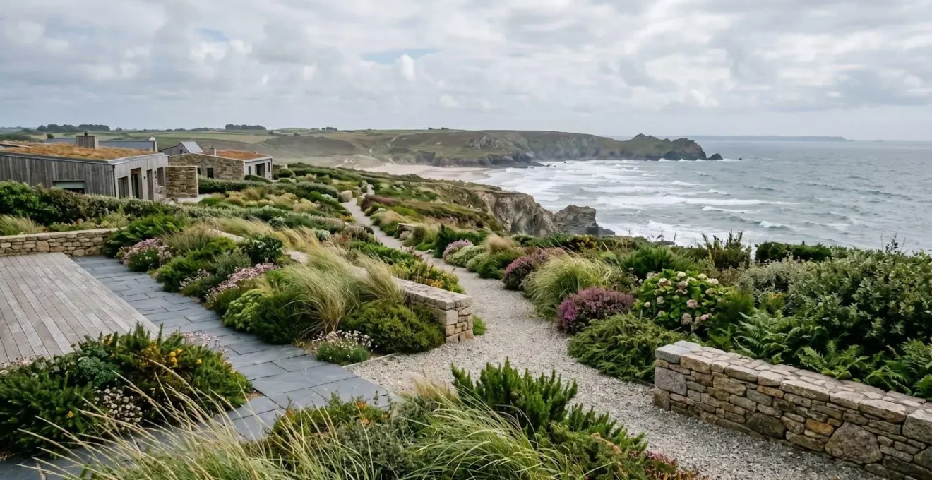 Vue panoramique d'un jardin côtier à Ploemeur avec graminées ornementales, arbustes bas et océan en arrière-plan sous ciel breton lumineux