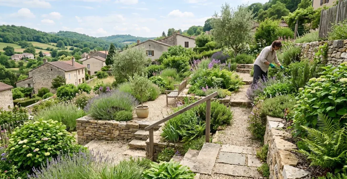 Vue large d'un jardin résidentiel français aménagé en terrasses successives sur une pente, avec végétation dense et allées en pierre naturelle sous lumière naturelle