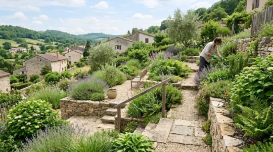 Vue large d'un jardin résidentiel français aménagé en terrasses successives sur une pente, avec végétation dense et allées en pierre naturelle sous lumière naturelle