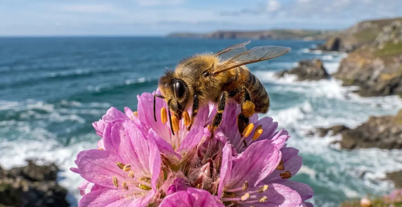 Très gros plan d'une fleur sauvage rose pâle avec une abeille en train de butiner au centre et arrière-plan océanique flouté