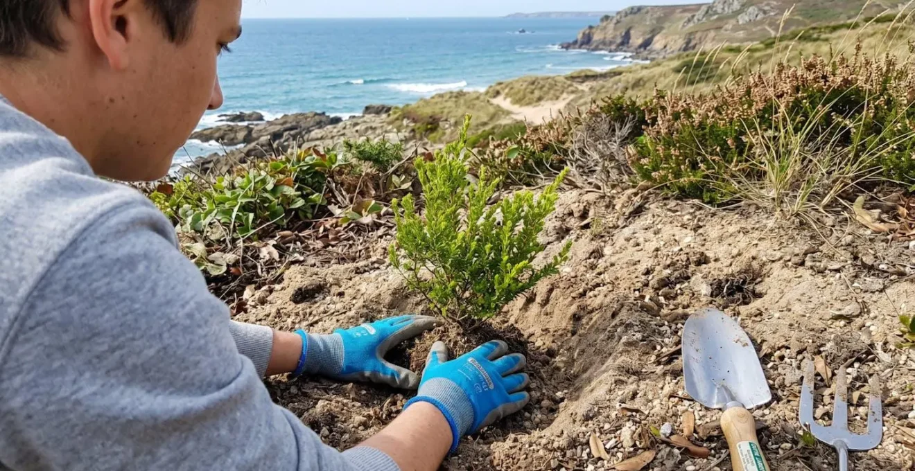 Gros plan sur des mains gantées plantant un jeune arbuste dans un sol sablonneux clair avec outils de jardinage modernes en arrière-plan flouté