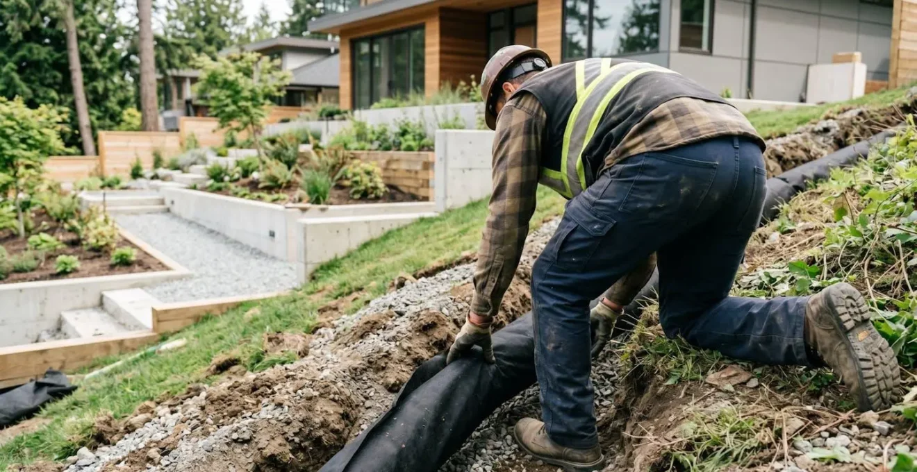 Vue de dos d'une personne installant un drain agricole enrobé de géotextile sur un terrain en pente lors d'un chantier d'aménagement paysager