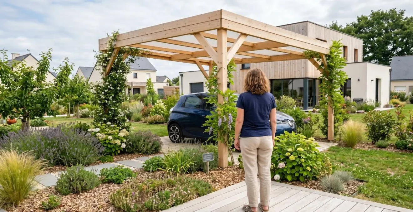 Une personne de dos regardant un carport en bois clair avec plantes grimpantes dans un jardin pavillonnaire contemporain