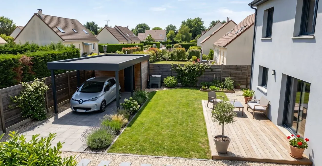 Vue légèrement surélevée d'un petit jardin pavillonnaire français aménagé avec carport moderne, terrasse en bois et délimitations de propriété visibles