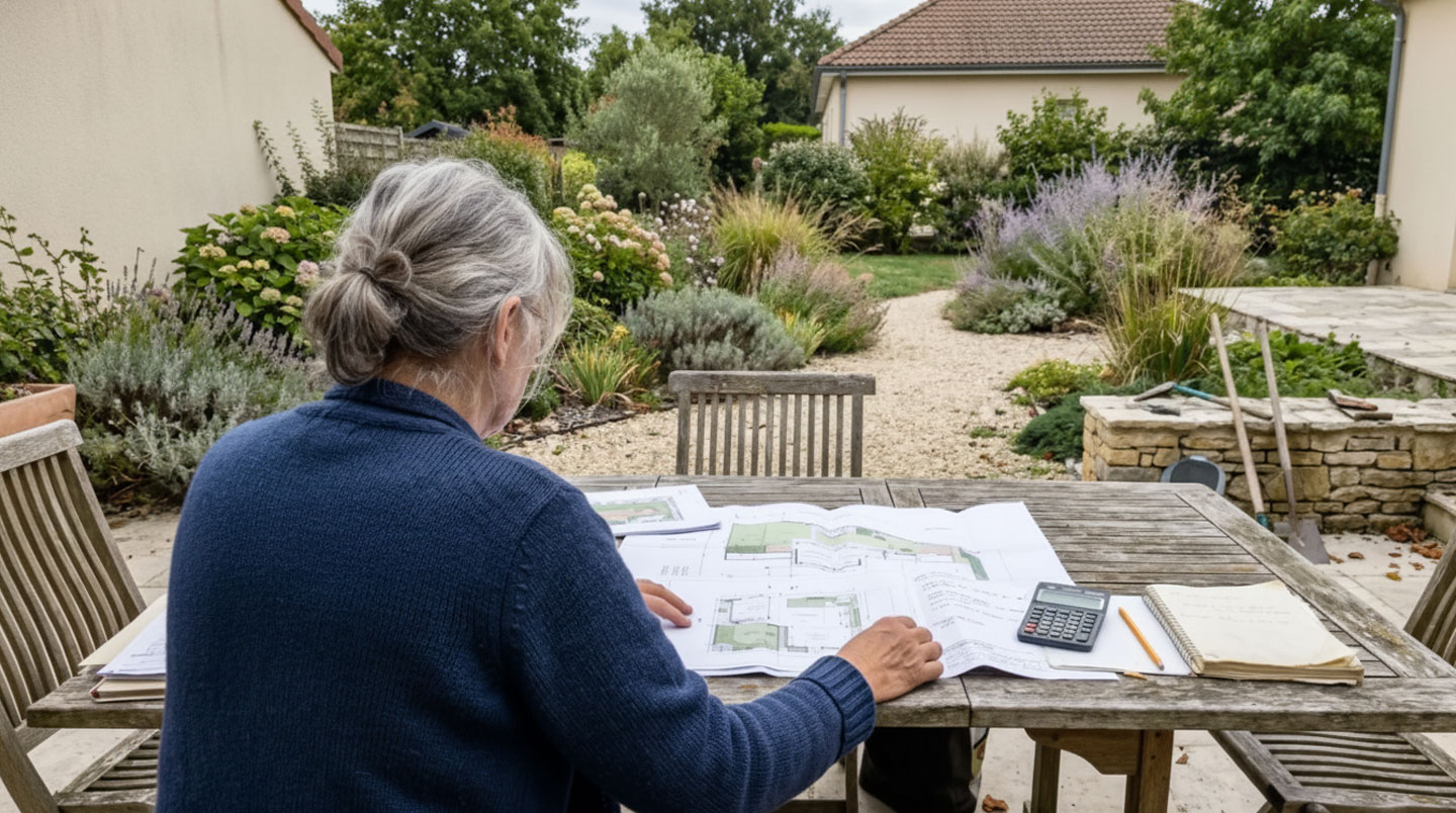 Vue de dos d'une personne consultant des plans d'aménagement paysager et documents budgétaires sur une table de jardin