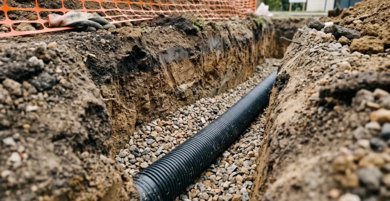 Gros plan sur un drain agricole perforé entouré de graviers lors de l'installation d'un système de drainage de jardin