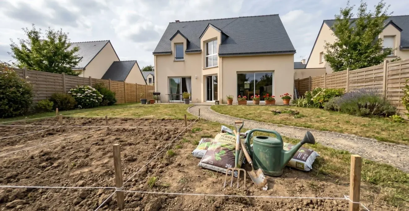 Jardin résidentiel français en cours de préparation avec zones délimitées par des cordeaux et outils de jardinage au sol