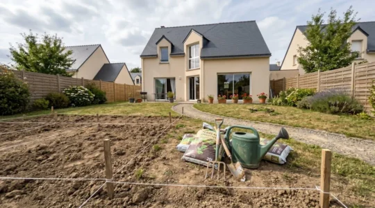 Jardin résidentiel français en cours de préparation avec zones délimitées par des cordeaux et outils de jardinage au sol